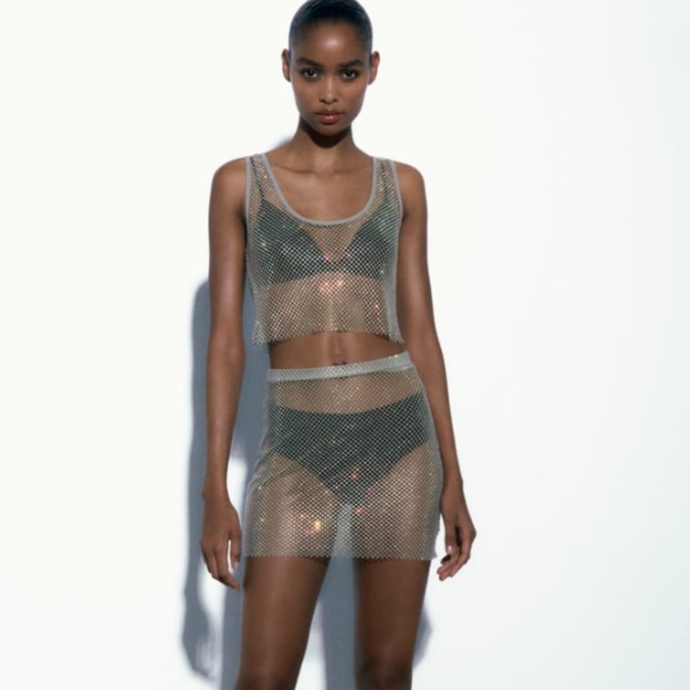 Rhinestone Fishnet Mini Skirt